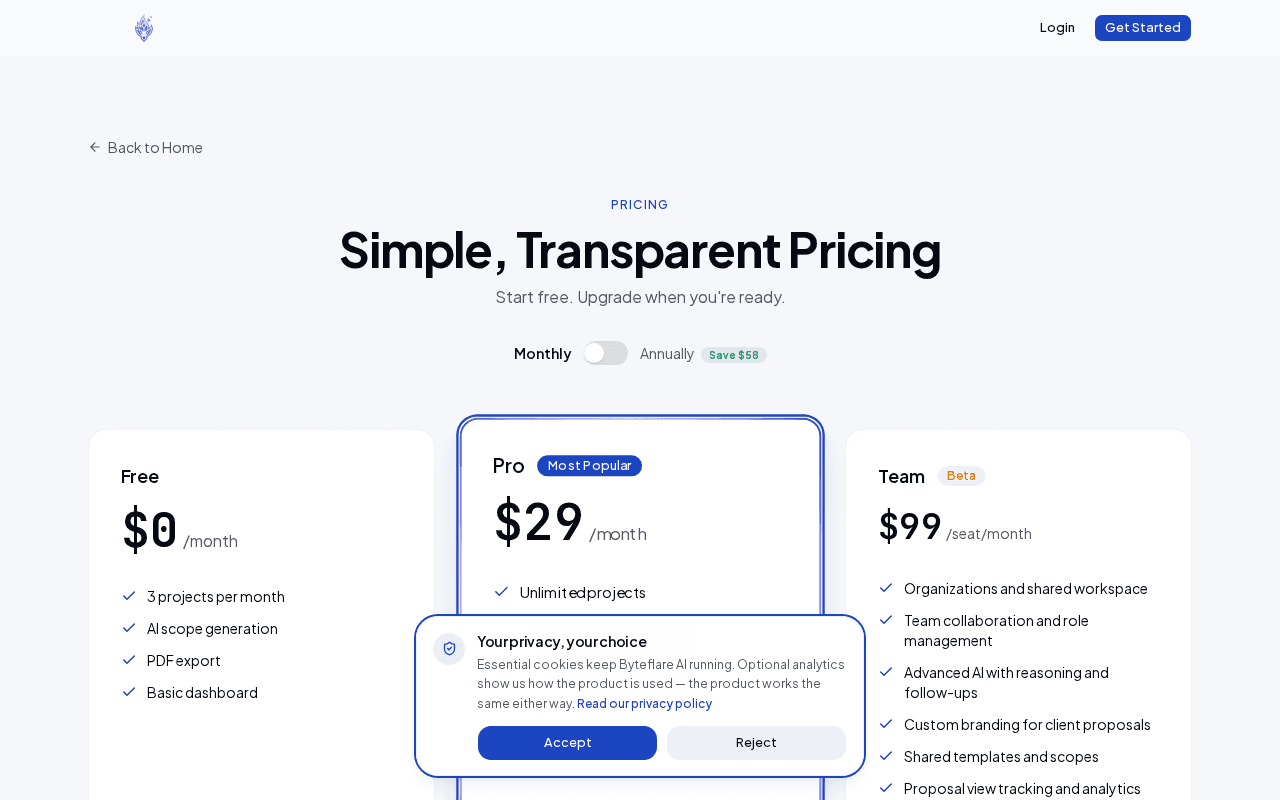 The Byteflare pricing page showing the Free, Pro and Team plans side by side with their monthly prices and included features.